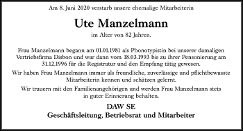 Traueranzeige von Ute Manzelmann von vrm-trauer