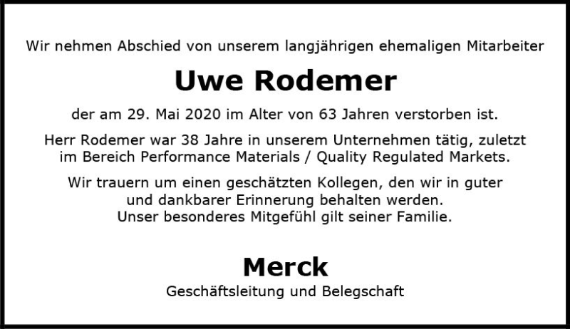  Traueranzeige für Uwe Rodemer vom 20.06.2020 aus vrm-trauer