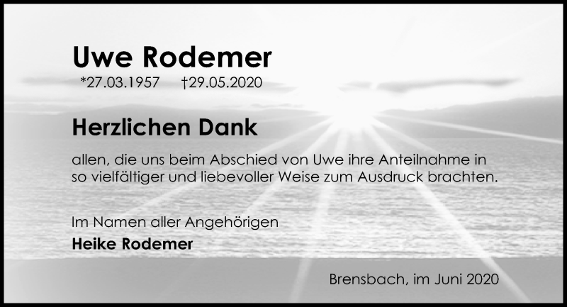 Traueranzeige für Uwe Rodemer vom 27.06.2020 aus vrm-trauer