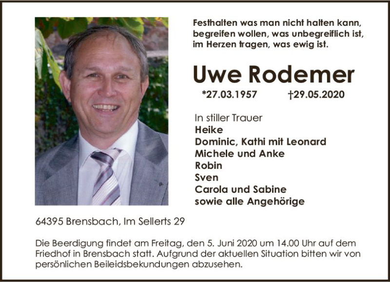  Traueranzeige für Uwe Rodemer vom 03.06.2020 aus vrm-trauer