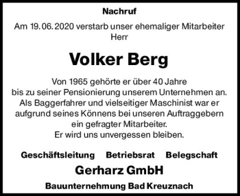 Traueranzeige von Volker Berg von vrm-trauer