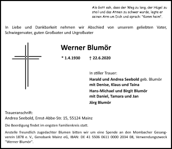 Traueranzeige von Werner Blumör von vrm-trauer