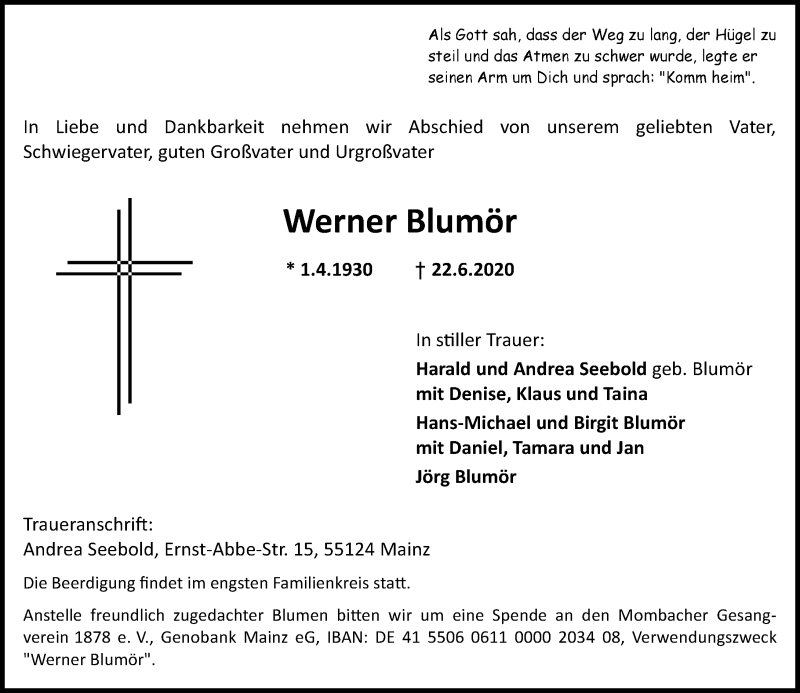  Traueranzeige für Werner Blumör vom 27.06.2020 aus vrm-trauer