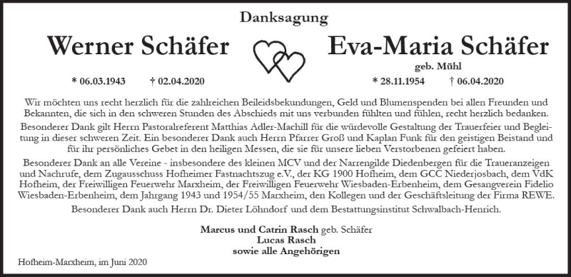  Traueranzeige für Werner Schäfer vom 19.06.2020 aus vrm-trauer