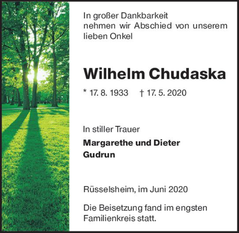  Traueranzeige für Wilhelm Chudaska vom 06.06.2020 aus vrm-trauer