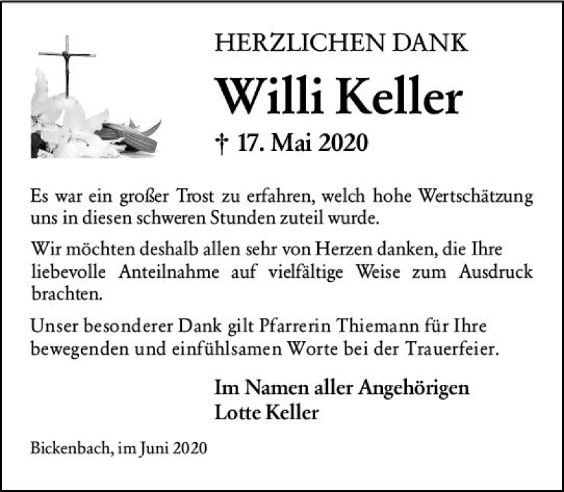  Traueranzeige für Willi Keller vom 13.06.2020 aus vrm-trauer