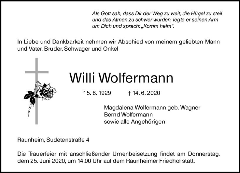  Traueranzeige für Willi Wolfermann vom 20.06.2020 aus vrm-trauer