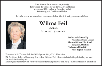 Traueranzeige von Wilma Feil von vrm-trauer
