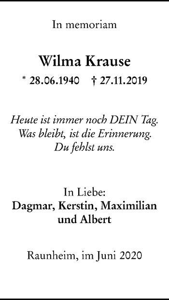 Traueranzeige von Wilma Krause von vrm-trauer