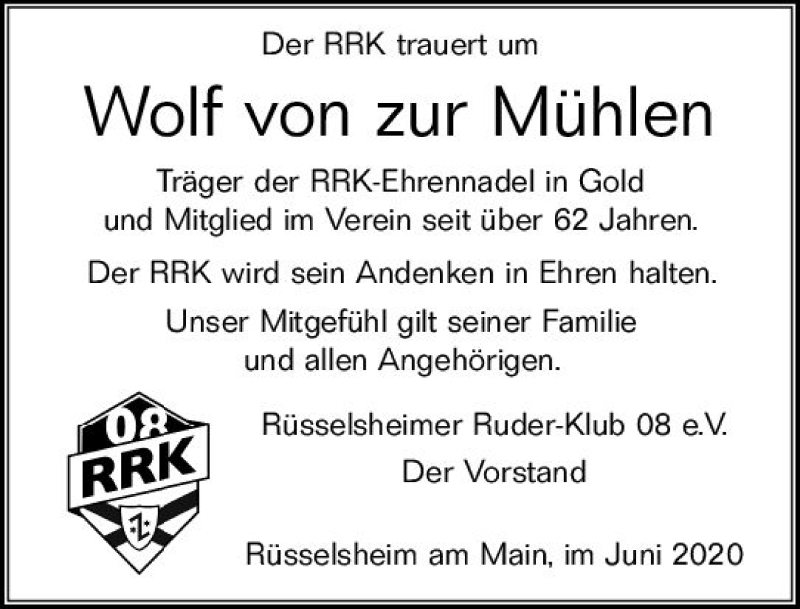  Traueranzeige für Wolf von zur Mühlen vom 19.06.2020 aus vrm-trauer