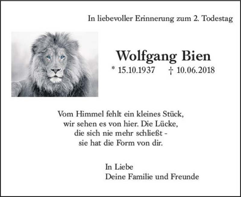  Traueranzeige für Wolfgang Bien vom 10.06.2020 aus vrm-trauer