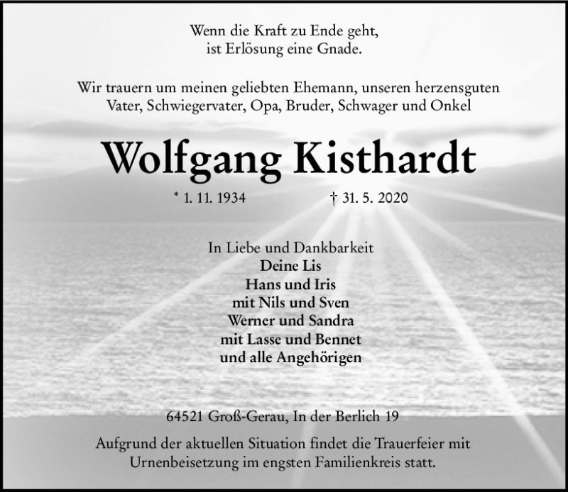  Traueranzeige für Wolfgang Kisthardt vom 06.06.2020 aus vrm-trauer
