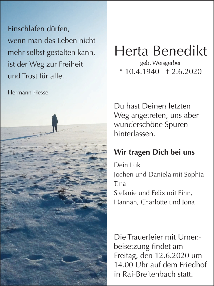  Traueranzeige für Herta Benedikt vom 10.06.2020 aus VRM Tageszeitungen