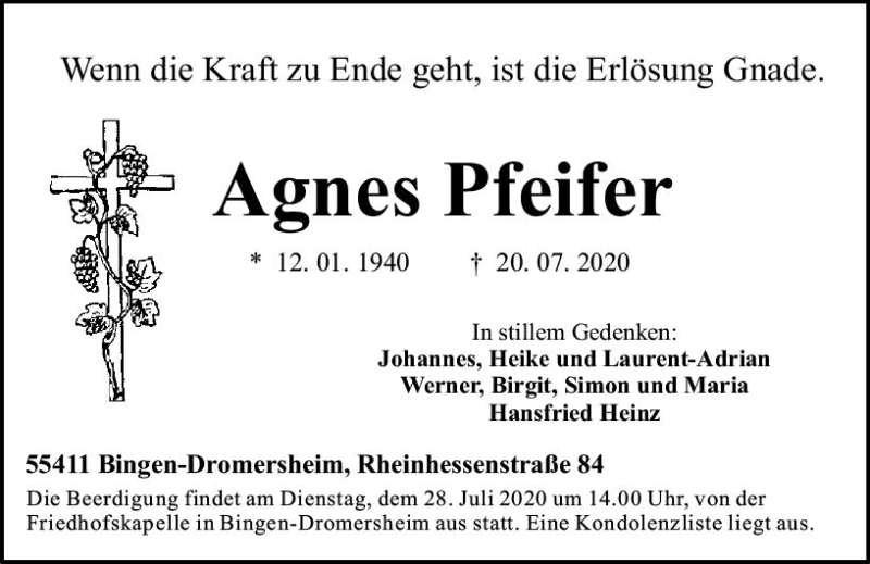  Traueranzeige für Agnes Pfeifer vom 25.07.2020 aus vrm-trauer