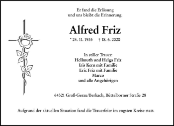 Traueranzeige von Alfred Friz von vrm-trauer