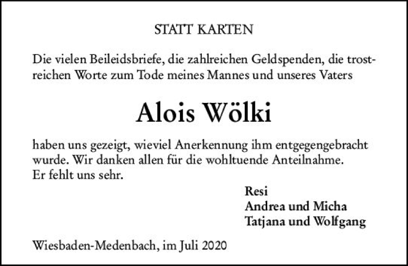  Traueranzeige für Alois Wölki vom 18.07.2020 aus vrm-trauer