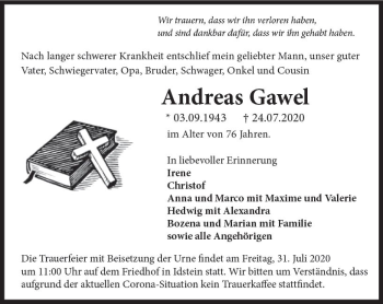 Traueranzeige von Andreas Gawel von vrm-trauer