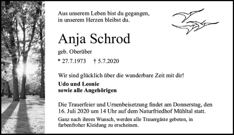  Traueranzeige für Anja Schrod vom 11.07.2020 aus vrm-trauer