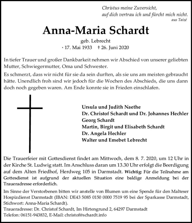  Traueranzeige für Anna-Maria Schardt vom 04.07.2020 aus vrm-trauer