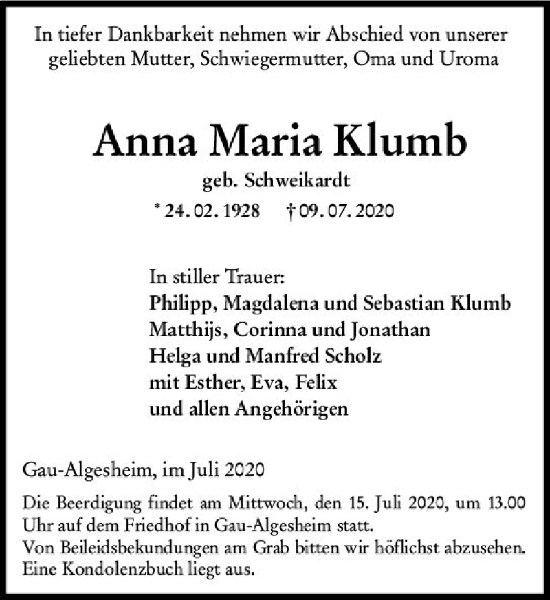  Traueranzeige für Anna Maria Klumb vom 14.07.2020 aus vrm-trauer