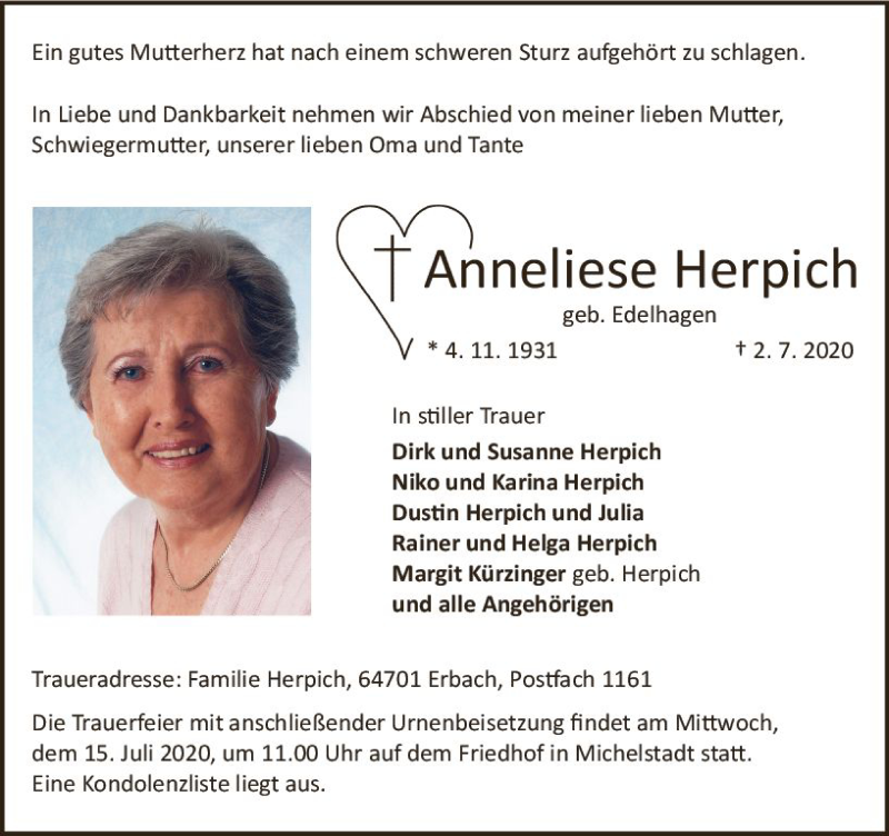  Traueranzeige für Anneliese Herpich vom 11.07.2020 aus vrm-trauer