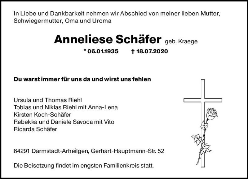  Traueranzeige für Anneliese Schäfer vom 25.07.2020 aus vrm-trauer