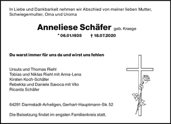 Traueranzeige von Anneliese Schäfer von vrm-trauer