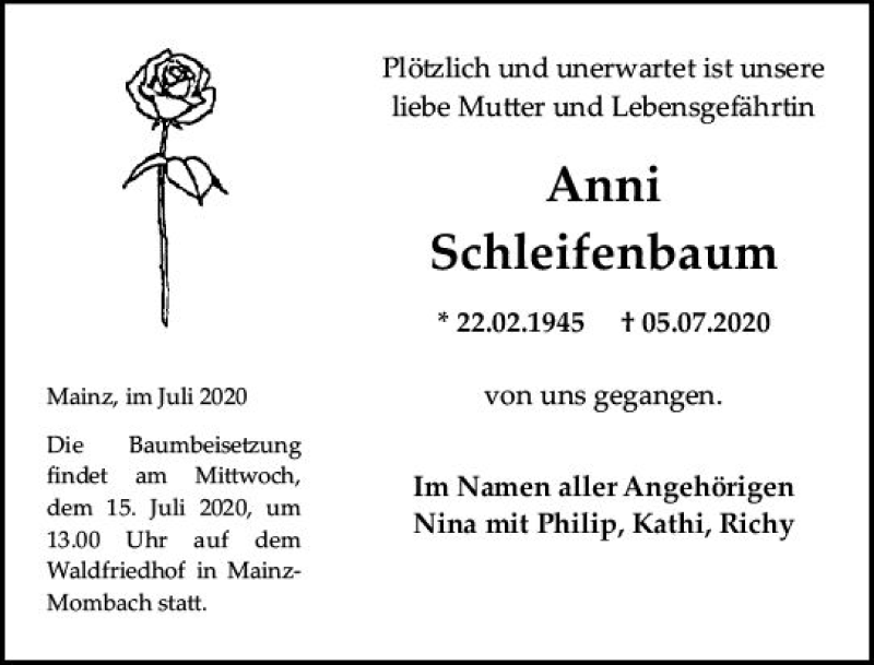  Traueranzeige für Anni Schleifenbaum vom 11.07.2020 aus vrm-trauer
