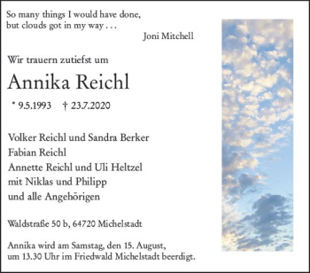 Traueranzeige von Annika Reichl von vrm-trauer