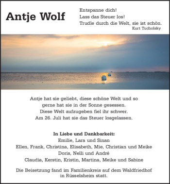 Traueranzeige von Antje Wolf von vrm-trauer