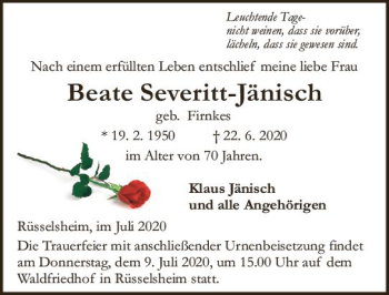 Traueranzeige von Beate Severitt-Jänisch von vrm-trauer