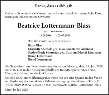Traueranzeige von Beatrice Lottermann-Blass von vrm-trauer