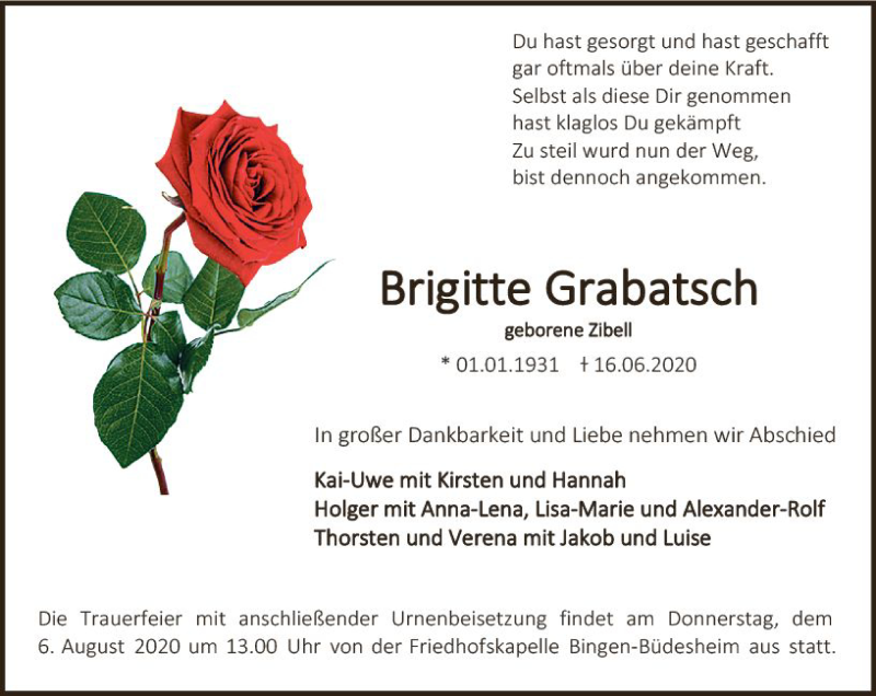  Traueranzeige für Brigitte Grabatsch vom 01.08.2020 aus vrm-trauer
