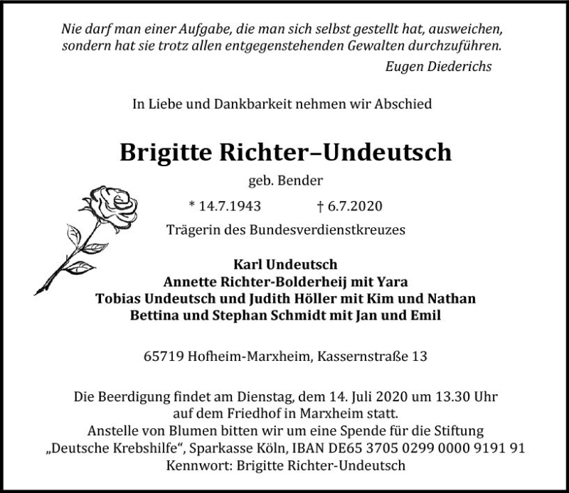  Traueranzeige für Brigitte Richter-Undeutsch vom 10.07.2020 aus vrm-trauer