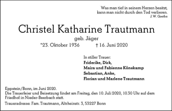 Traueranzeige von Christel Katharine Trautmann von vrm-trauer