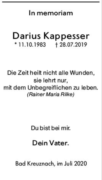 Traueranzeige von Darius Kappesser von vrm-trauer