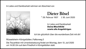 Traueranzeige von Dieter Bösel von vrm-trauer