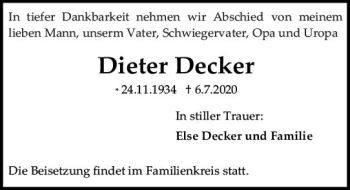 Traueranzeige von Dieter Decker von vrm-trauer