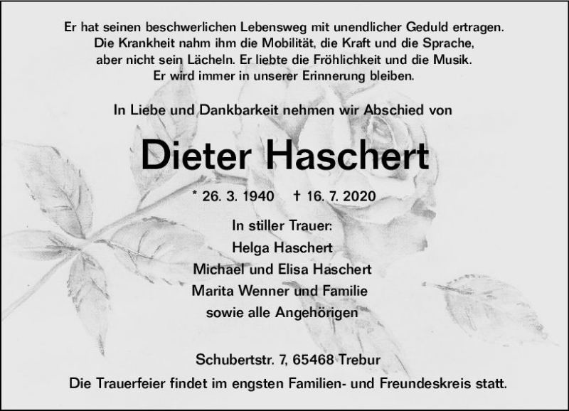  Traueranzeige für Dieter Haschert vom 27.07.2020 aus vrm-trauer