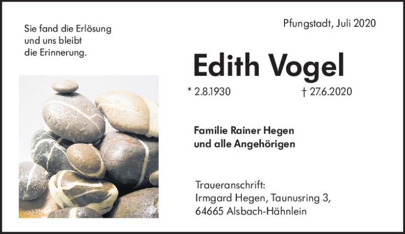  Traueranzeige für Edith Vogel vom 04.07.2020 aus vrm-trauer