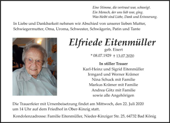 Traueranzeige von Elfriede Eitenmüller von vrm-trauer