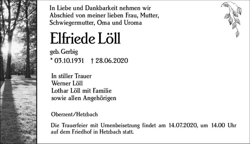  Traueranzeige für Elfriede Löll vom 04.07.2020 aus vrm-trauer