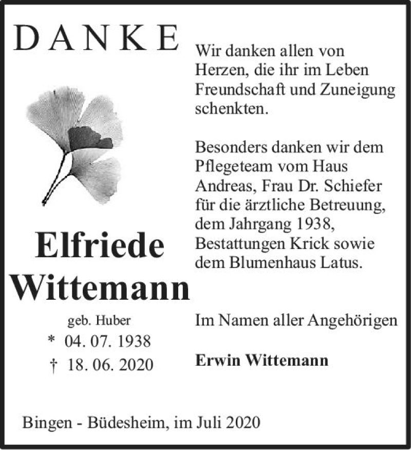  Traueranzeige für Elfriede Wittemann vom 18.07.2020 aus vrm-trauer