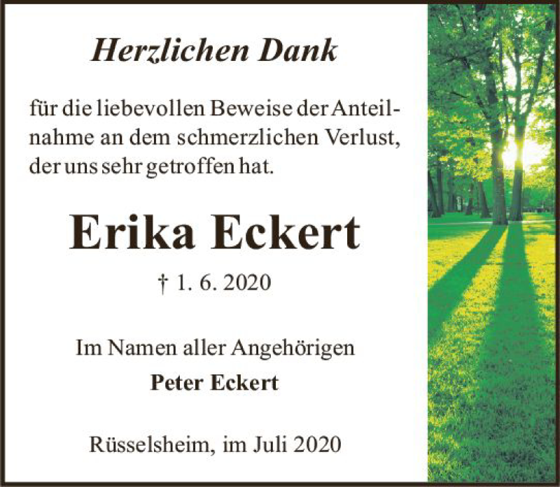  Traueranzeige für Erika Eckert vom 11.07.2020 aus vrm-trauer
