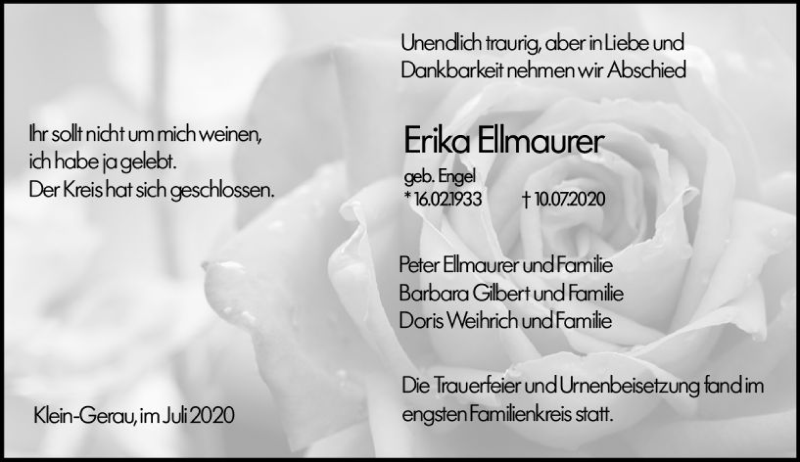 Traueranzeige für Erika Eilmaurer vom 01.08.2020 aus vrm-trauer