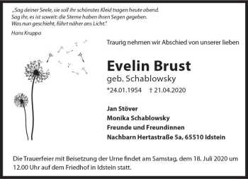 Traueranzeige von Evelin Brust von vrm-trauer