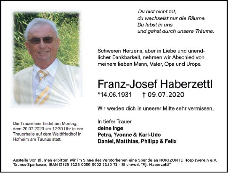  Traueranzeige für Franz-Josef Haberzettl vom 17.07.2020 aus vrm-trauer