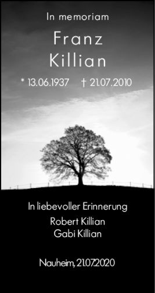  Traueranzeige für Franz Killian vom 21.07.2020 aus vrm-trauer
