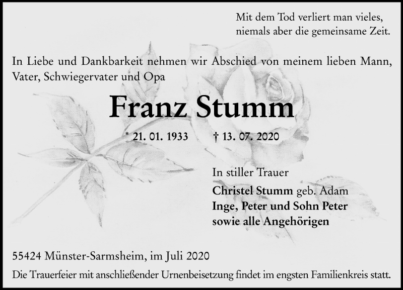  Traueranzeige für Franz Stumm vom 23.07.2020 aus vrm-trauer