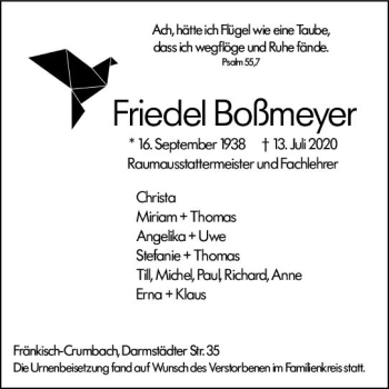 Traueranzeige von Friedel Boßmeyer von vrm-trauer